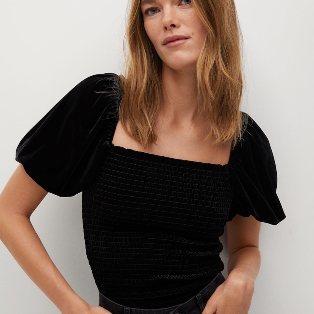 Puffed sleeves velvet T-shirt